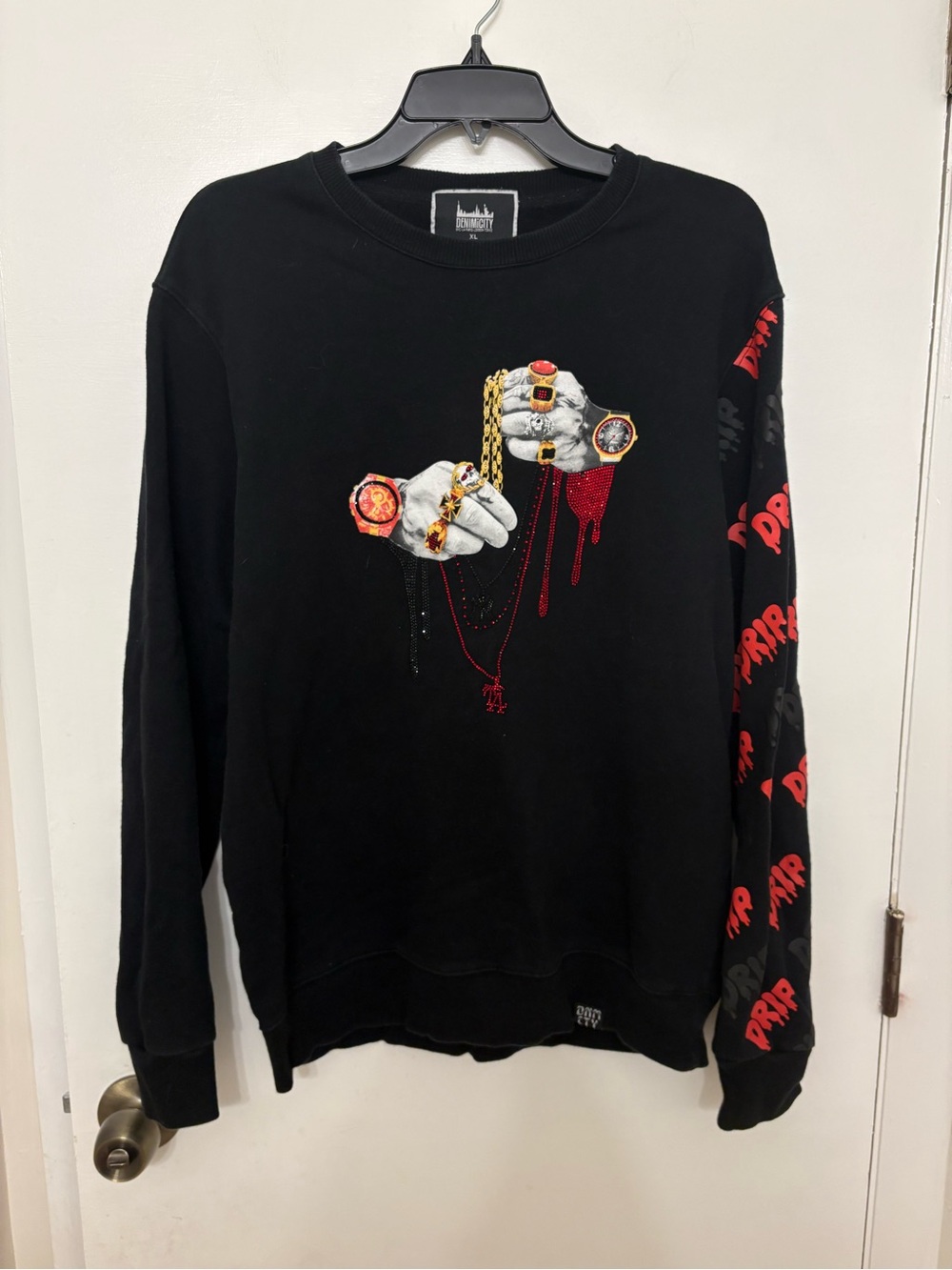 Denimicity Drip Graphic Rhinestone Black Crewneck Sweatshirt Bedazzled Bling XL